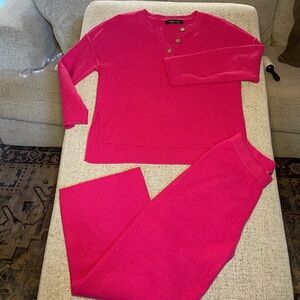 Hot Pink Textured Wide Leg Pants Elastic Waist and matching top with buttons